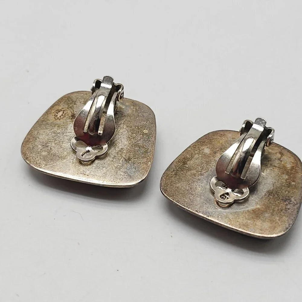 Vintage ATI Mexican Sterling Silver Abalone Shell Clip-On Earrings Square Design